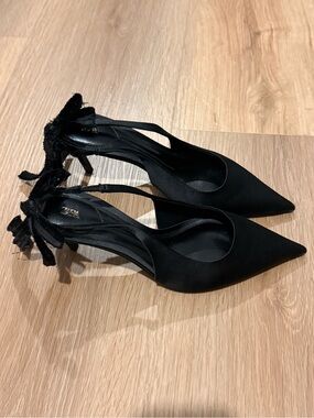 Zara Bow Slingback Heels Black Pointed Toe
